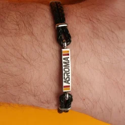 AS Roma Bracciale con placca centrale in acciaio anallergico e cordino in tessuto regolabile nero Cheap