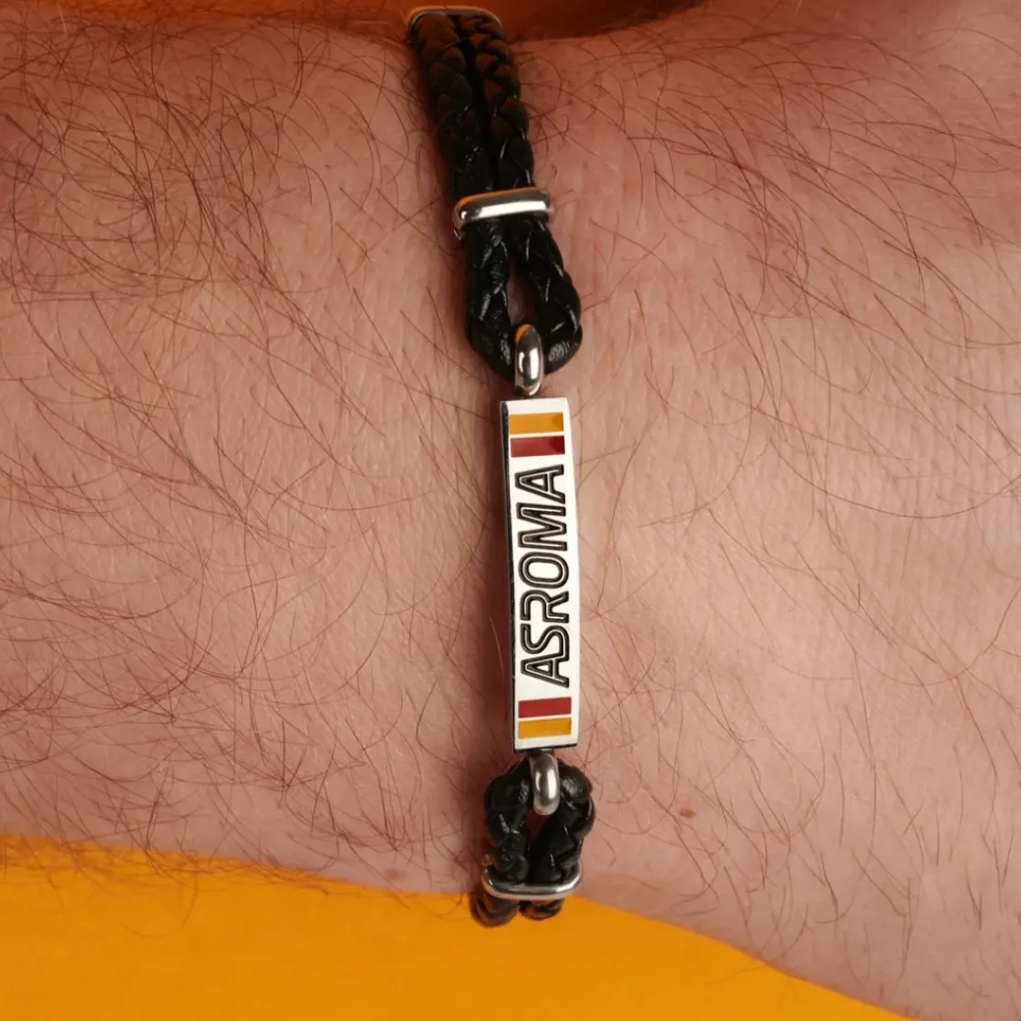 AS Roma Bracciale con placca centrale in acciaio anallergico e cordino in tessuto regolabile nero Cheap