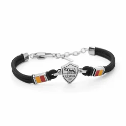 AS Roma Bracciale con placca centrale logo in acciaio anallergico e cordino in tessuto regolabile nero Shop